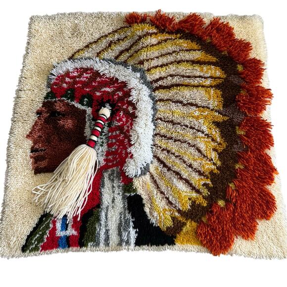 Indian Chieftain Native American Warrior Headdress Latch Hook Rug 34" Western